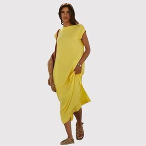 Free People FP Beach Womens Dress Yellow All Day Long Midi T Shirt Slit Medium